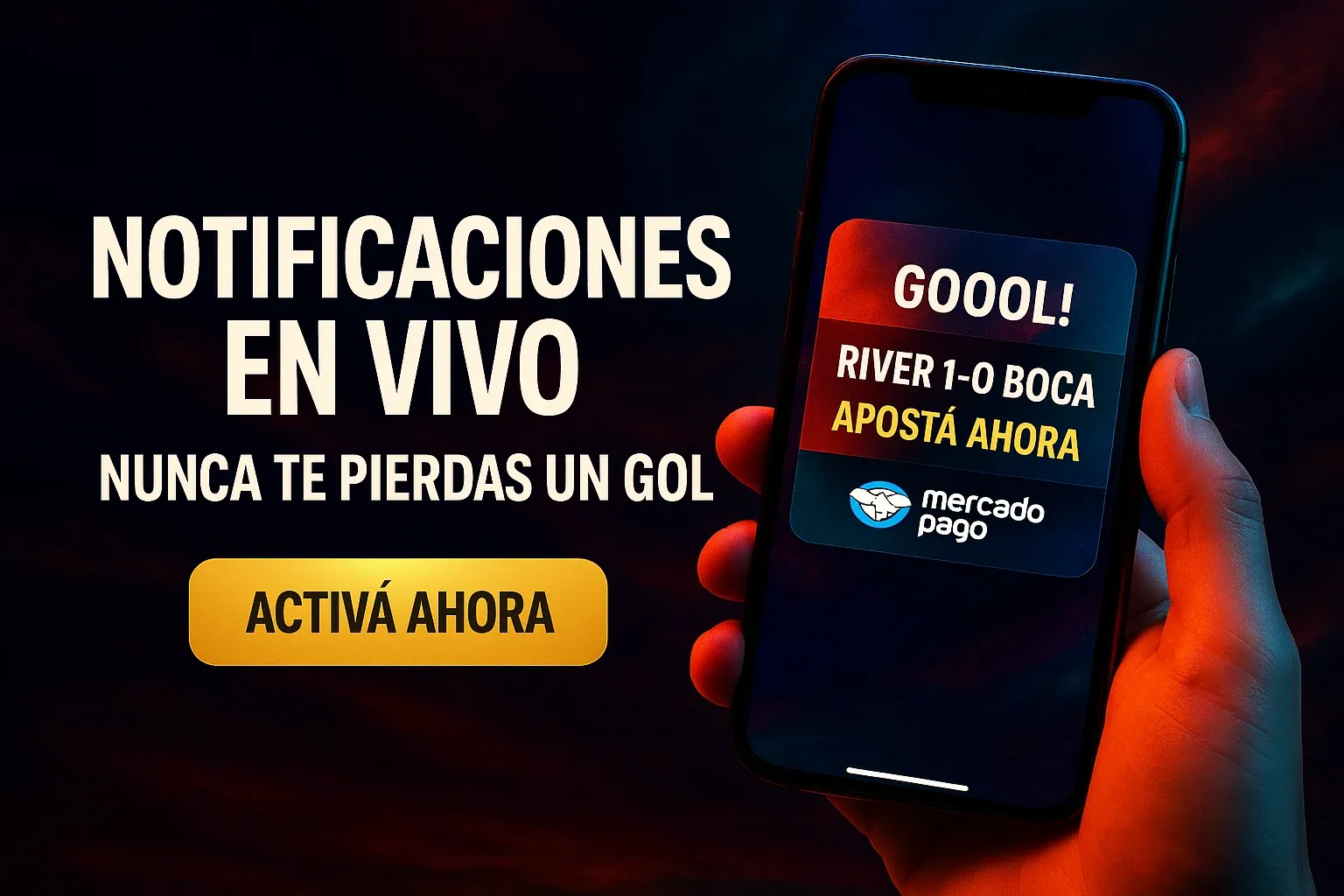 Banner premium con celular, alerta de gol y botón dorado centrado