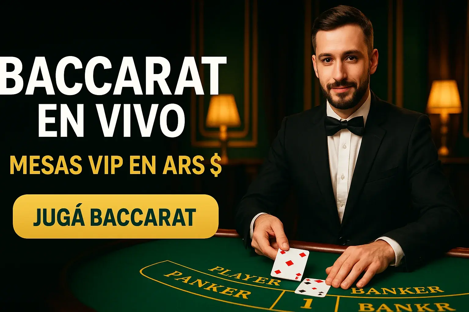 Banner de baccarat en vivo con crupier, mesa VIP y botón dorado