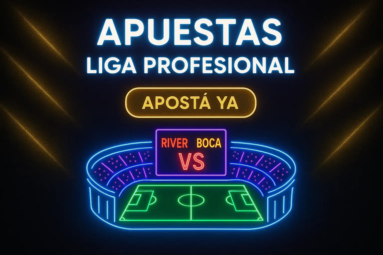Banner de apuestas de la Liga Profesional con River vs Boca y botón dorado
